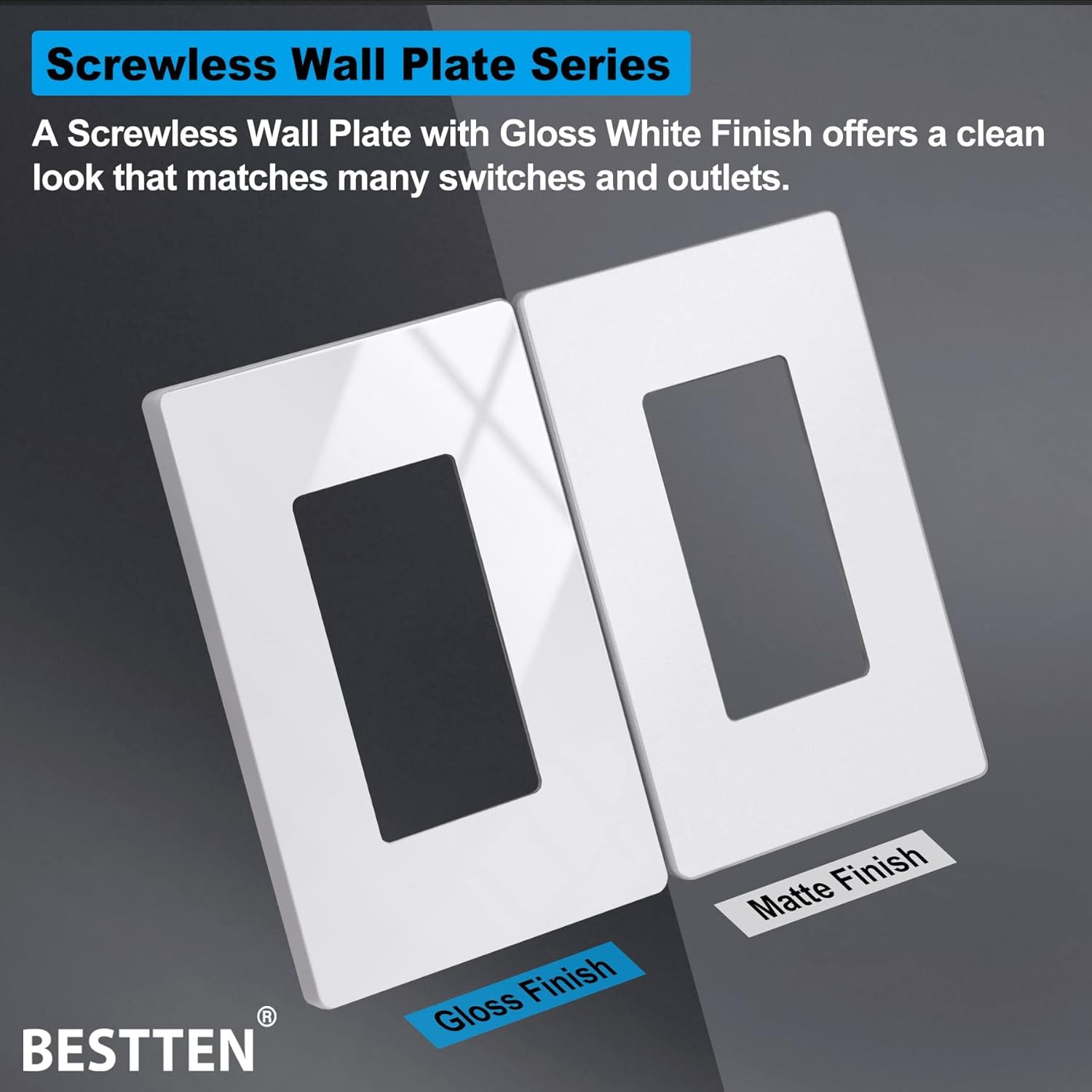 BESTTEN 10 Pack 1 Gang Screwless Decorative Wall Plate, USWP6 Gloss Snow White, 