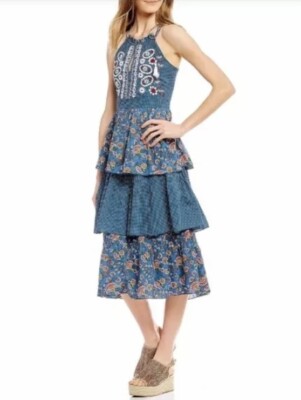 Kopal Boho India Tiered Blue Embroidered Izzy Midi Dress Nwt XS $330 | eBay