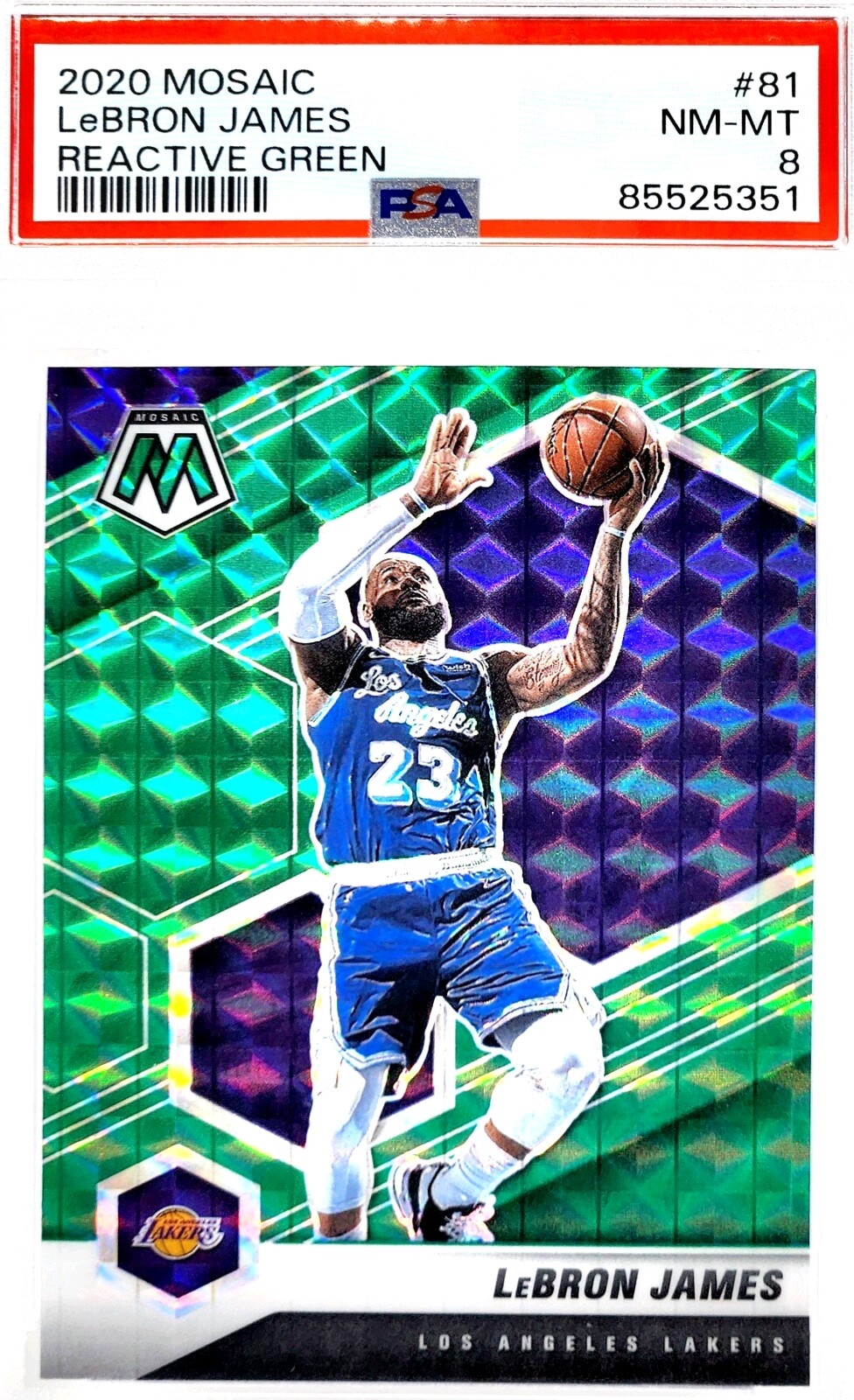 📈 POP 2 LEBRON JAMES REACTIVE GREEN 📈 2020-21 MOSAIC #81 GRADED PSA 8 PRIZM