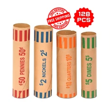 128 PCS Heavy‑Duty Coin Roll Wrappers – Penny, Nickel, Dime, Quarter