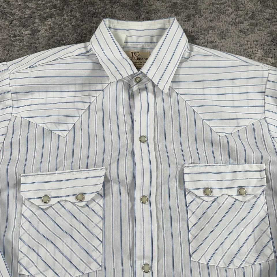 VTG Dee Cee Western Shirt Mens 15.5X33 White Striped Pearl Snap Sawtooth USA 80s - Image 2 of 4