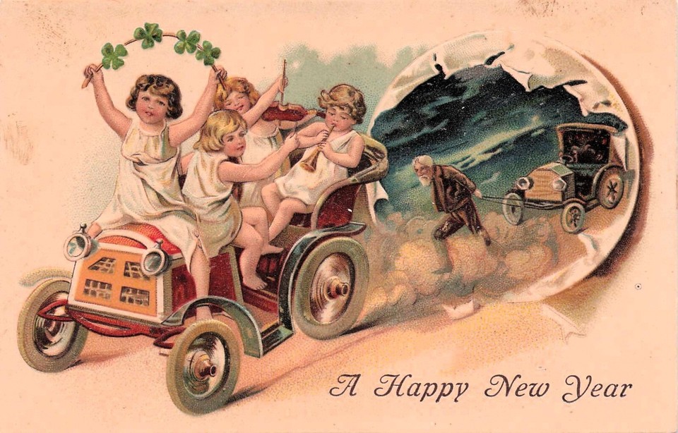 A genuinely weird early-1900s comic postcard featuring a Ford Model T and a New Year globe bubble — a tiny, frameable slice of Edwardian absurdist humor.