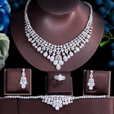 Wedding Necklace Bracelet Earrings Ring Silver Plated Zirconia Women Jewelry Set