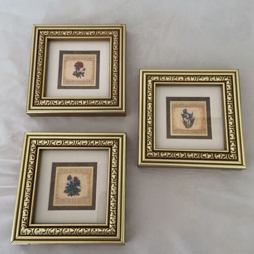 Set (3) Kirkland's 'Neo Classic Florals' ACCENT PICTURES 4X4 Gold Framed - Picture 1 of 5