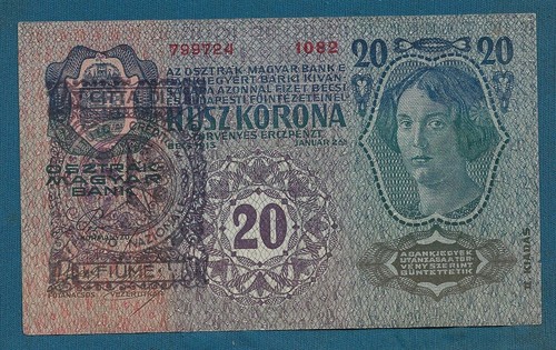Austria Hungary banknotes, 20 Korona 1913. CITTA DI FIUME stamp AUFLAGE ! - Picture 2 of 2