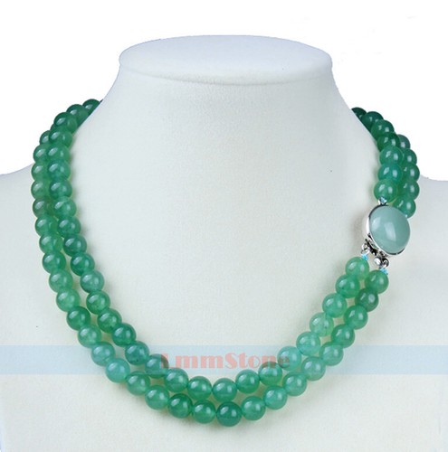 Double Strands 8mm Natural Round Tanglin Jade Necklace 20 inch Long - Picture 3 of 5