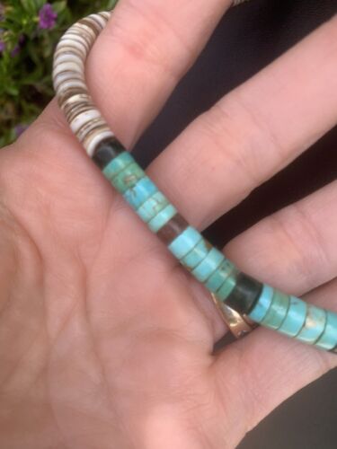 Vintage Sterling Silver Native American Shell Turquoise Heishi Necklace Old G1 - Picture 3 of 10