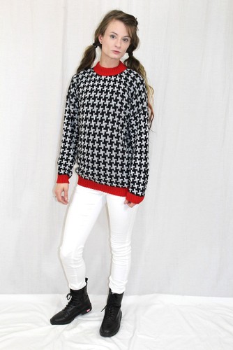 Vintage 80s Adele Black White Houndstooth Check Retro Acrylic Sweater Jumper~SM - Picture 2 of 5
