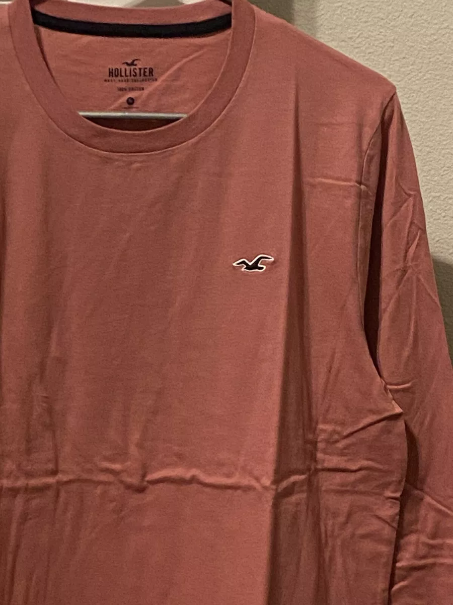 HOLLISTER MEN'S CURVED HEM T-SHIRT COTTON LONG SLEEVES DARK PINK IN LARGE  SIZE.