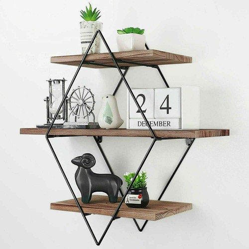 Diamond 3-tier Floating Shelves Metal Wall Shelf Unit Wood Display Storage Rack - 第 6/12 張圖片