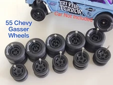 HOT WHEELS 4 SPOKE RUBBER WHEELS TIRES 5 SETS SIZE CHEVY GASSER BLACK HOOSIER