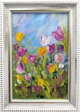 Original framed oil painting with signed flowers Spring Tulips Impasto flowers