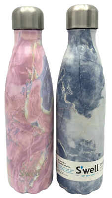 Two S'well Blue Granite & Geode Rose Insulated Water Bottles, 17 oz. 500 ml