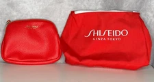 Shiseido Red Travel Cosmetics Bag Pouch Faux Leather Gold Zipper Canvas Set Of 2