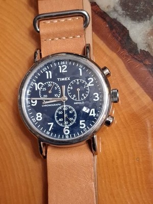 Timex Chronograph Watch Mens 40mm Silver Tone Leather Strap Indiglo New Battery