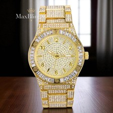 MEN'S WATCH FULL ICED GOLD PLATED BAGUETTE SIMULATED DIAMOND BLING HIP HOP