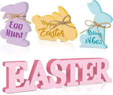 4 Pcs Easter Table Decorations Wooden Bunny Decor Easter Word Sign Rustic Farmho