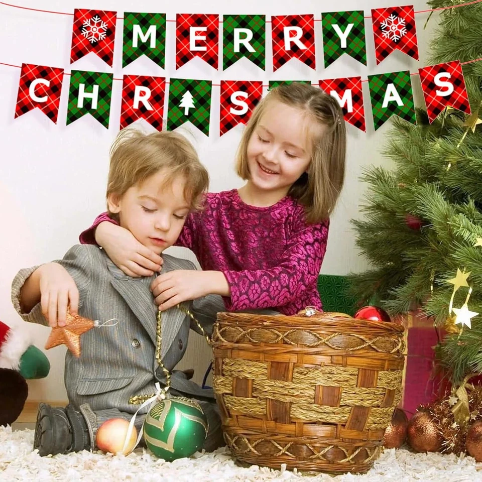 Guirnalda a Cuadros Feliz Navidad Banner Rojo Verde Búfalo Estilo 4 Foto 3 de 4