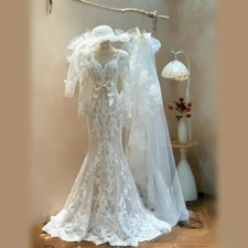 Wedding Dresses White Fishtail Lace V Neckline Long Sleeve Bow Bridal Gowns