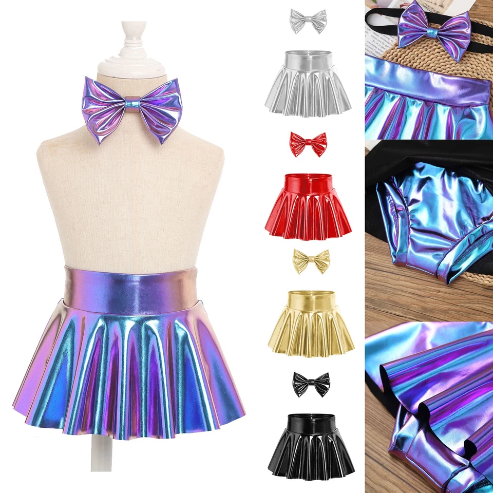 Baby Mädchen Rock Mini Windelbedeckung Kurz Metallisch Flare Outfits Bowknot - Bild 4 von 4