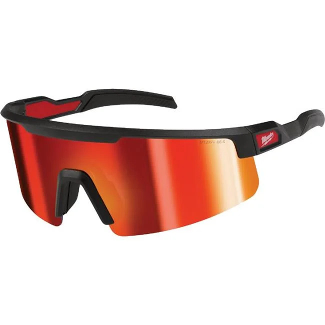 Gafas de seguridad envolventes con lentes antiarañazos espejadas rojas y marco negro