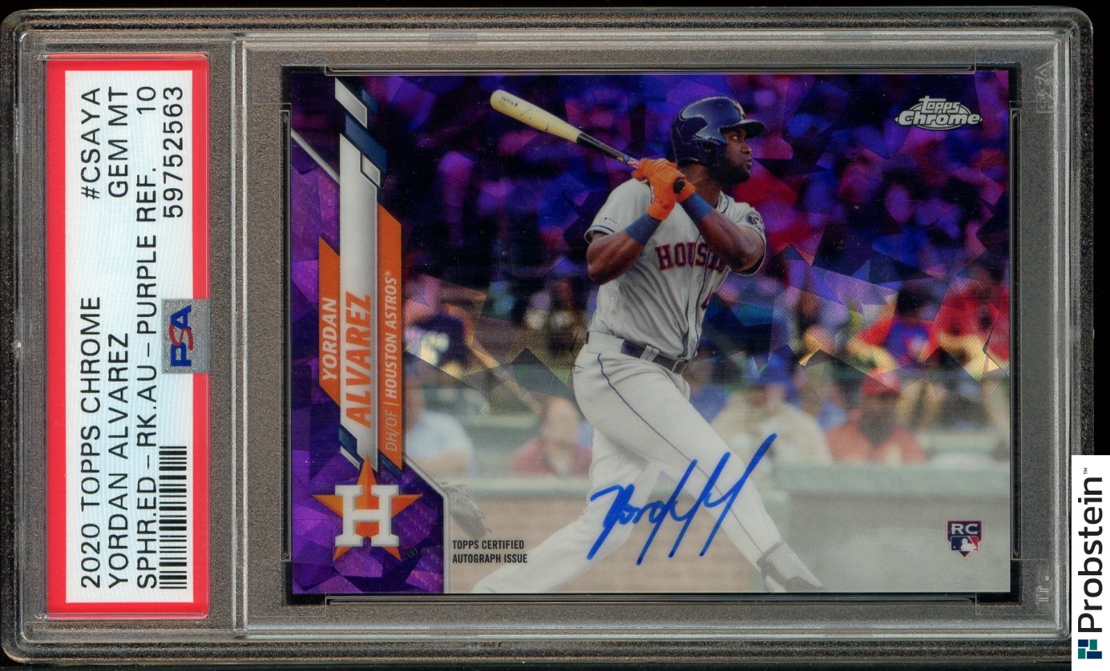 2020 Topps Chrome Sapphire Purple Refractor Yordan Alvarez RC AUTO 2/10 PSA 10 view 3