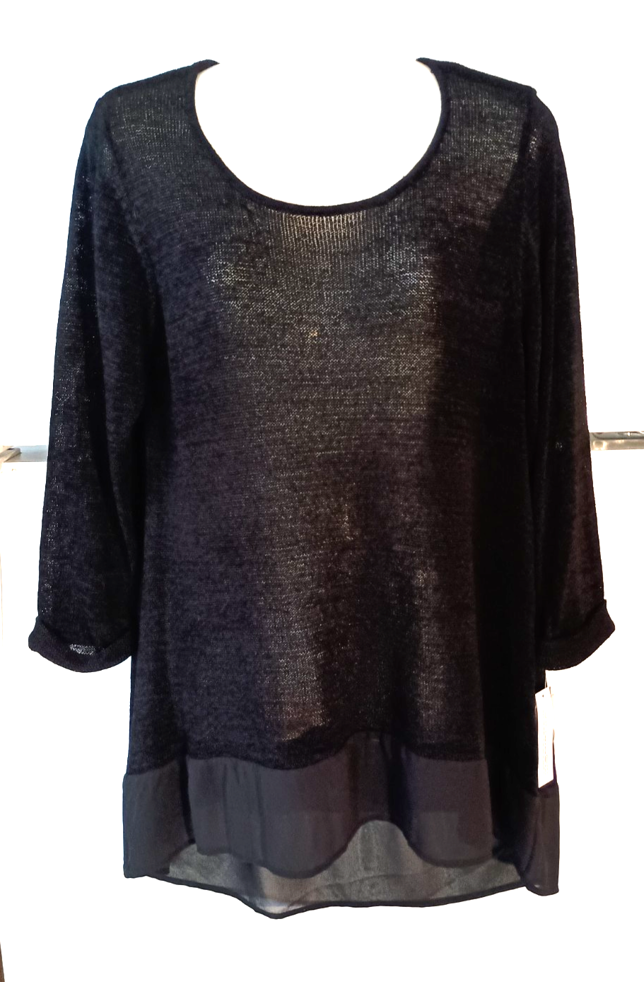 NEW WOMEN'S NYGARD BLACK 3/4 SLEEVE HI LO MESH TOP WITH CHIFFON TRIM HEM SIZE L