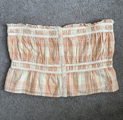 American Eagle Peach Cream Plaid Smocked Strapless Ruffle Hem Tube Top Women s L
