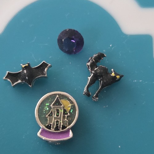 Origami Owl 4 CHARMS: HAUNTED HOUSE SNOWGLOBE, BAT, BLACK CAT, PURPLE CRYSTAL - Picture 2 of 2