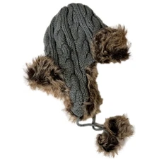 Womens Soft Gray Cable Knit Fleece Lined Brown Fluffy Trim & Poms Trapper Hat