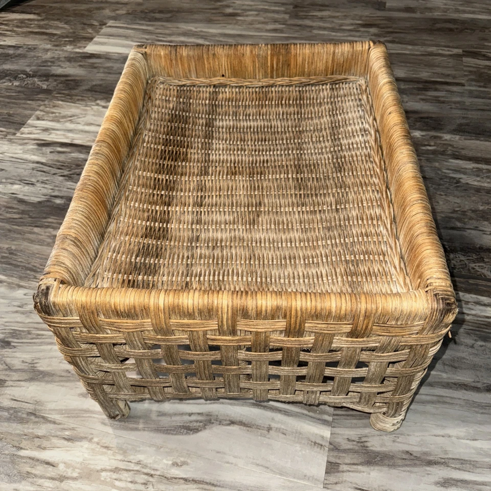Vintage Rattan Wicker Coffee Plant Table Boho Tiki 22X18X24 Weathered Wear Areas - Image 3 of 4