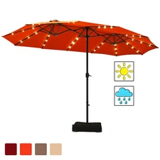 15Ft Patio Double-Sided Solar LED Market Umbrella Crank 36 Lights Base Orange