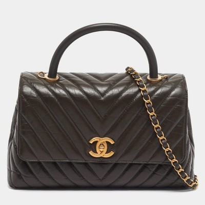 Chanel Coco Small Olive Green Chevron Aged Leather Top Handle Bag