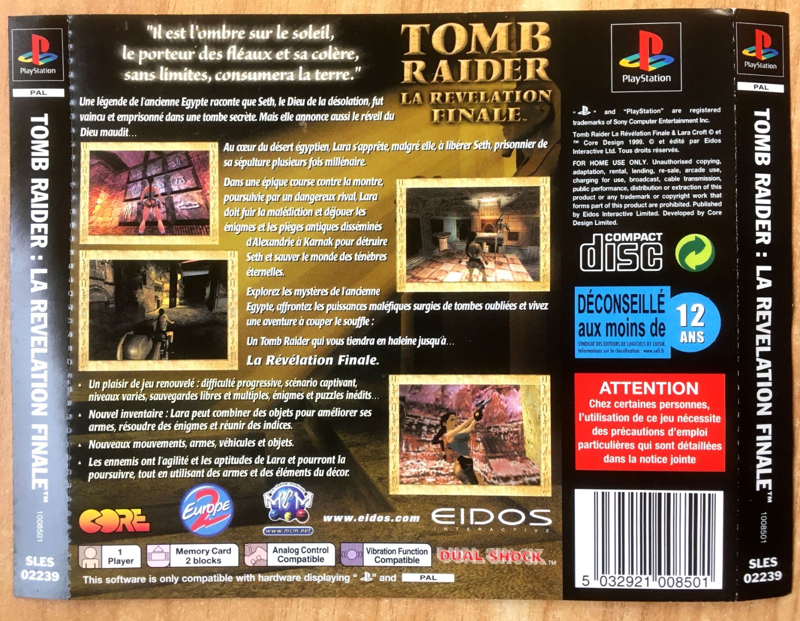 TOMB RAIDER LA RÉVÉLATION FINALE - JAQUETTE ARRIÈRE ORIGINALE SONY PS1 PAL FRA