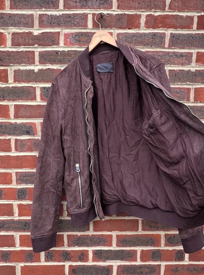 All Saints Mens KAIGO Suede Bomber Jacket XL Leather AllSaints Distressed Red Br - Image 4 of 4