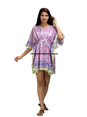 Anokhi Pink Indischer Baumwollkaftan Handblockdruck Caftan Strandmode Nacht Maxi