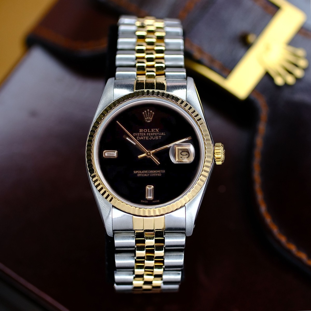 Rolex Datejust Twotone Watch Black 2 Baguette Diamond Dial