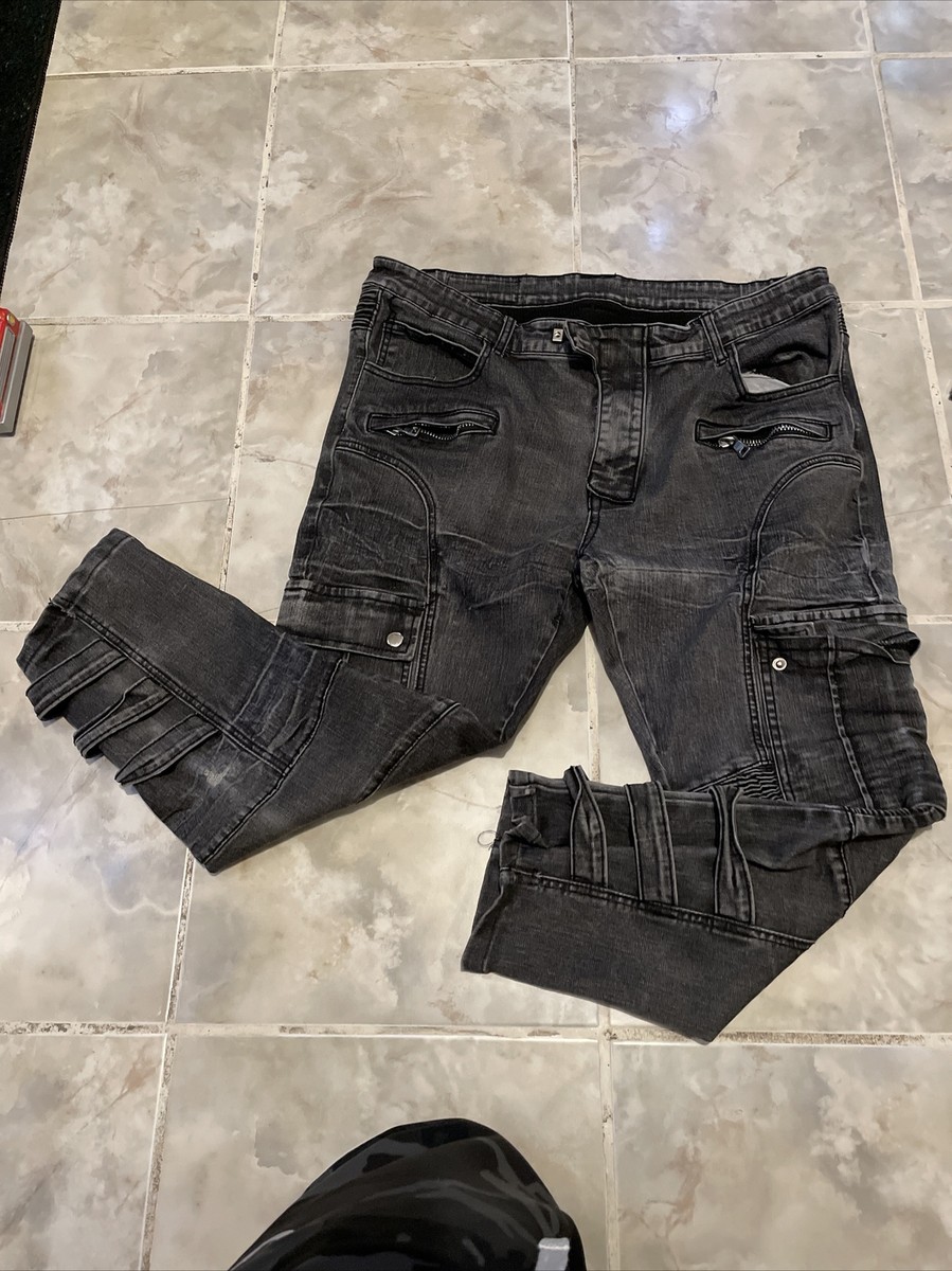 BALMAIN PARIS Moto Biker Zip Jeans Black Stretch Pants Mens Size