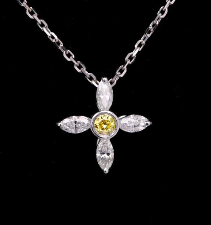 Gold Greek Cross Yellow Diamond Choker Pendant 14k White Gold Natural Diamonds