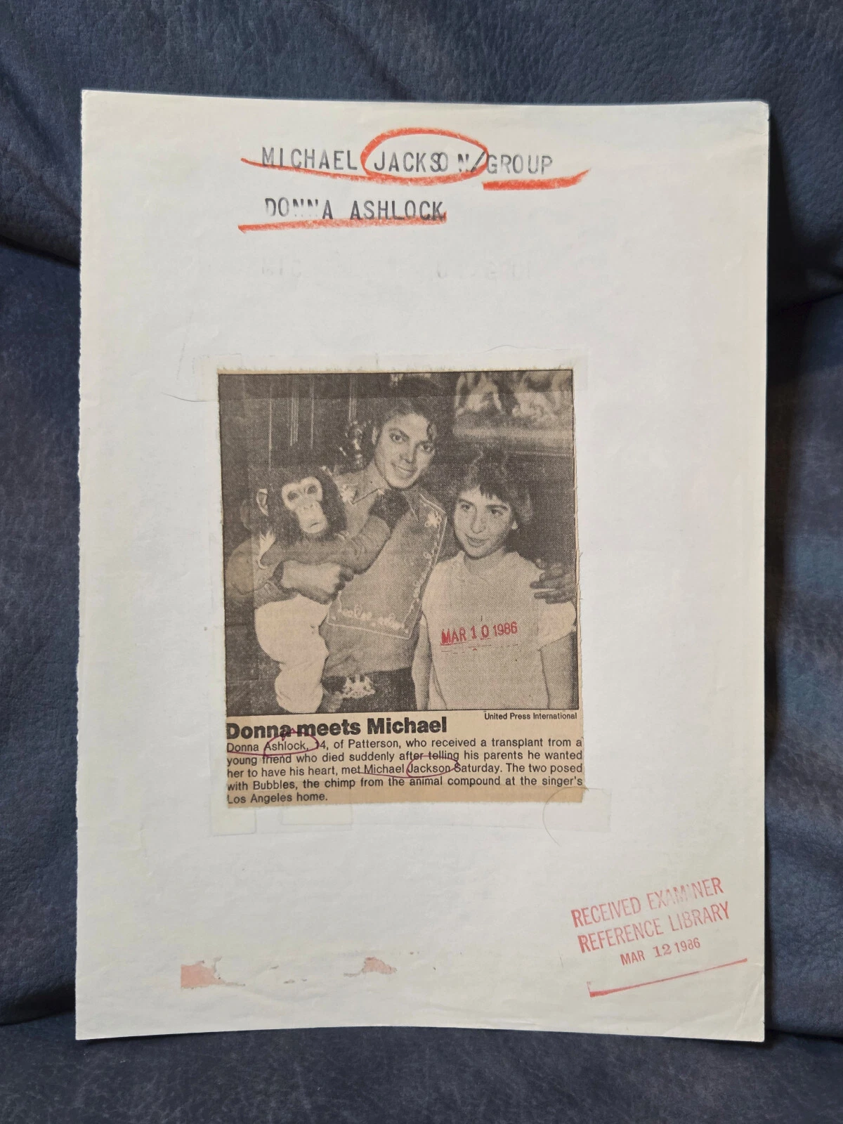 マイケル・ジャクソン オリジナル タイプ3ワイヤー フォト 1986年3月8日 Donna Ashlock&Bubbles - 画像2/2