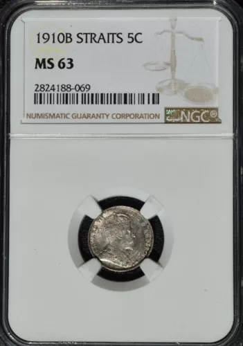 1910 B Straits Settlements 5 Cents, NGC MS 63, Malaysia 