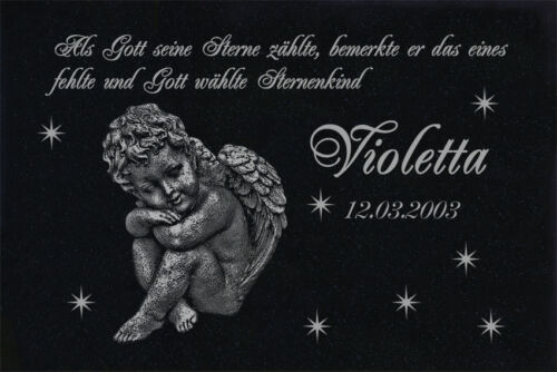 Bambino stellato lapide granito 50x30 cm + supporto incisione desiderio + motivo angelo g12s - Foto 2 di 4