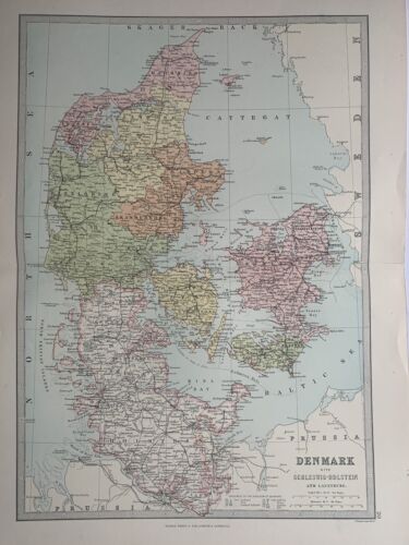 1885 Denmark Schleswig Holstein Antique Map by John Bartholomew & George Philip