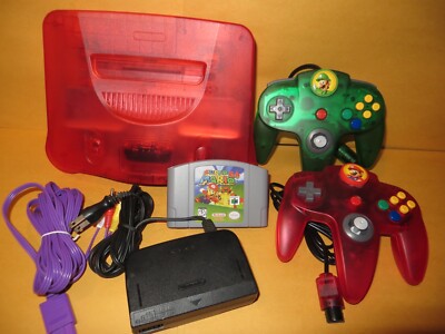 Nintendo 64 Water Melon Clear Red , 2 New Mario / Luigi Controllers & Mario 64