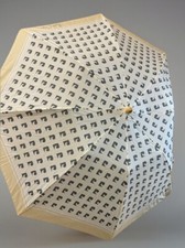 Vtg Pierre Cardin Umbrella, With Case, Sheath, Cream Tan Black Logo, Wood Handle