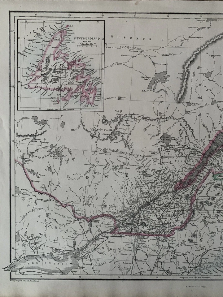 Mapa de envio semanal antigo colorido à mão original do Canadá inferior de 1863 - Imagem 2 de 3