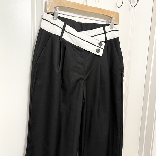 Nuevo con etiquetas Pantalón Commense Mujer L Negro Pierna Ancha Plisado Cintura Alta Blanco Cinturón - Imagen 4 de 12