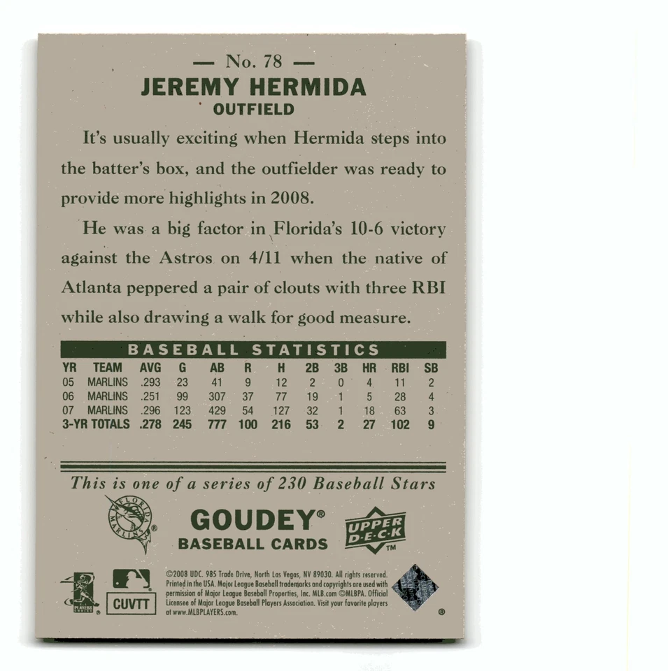 Jeremy Hermida 2008 Upper Deck Goudey #78 Florida Marlins Centered Mint - Image 2 of 2