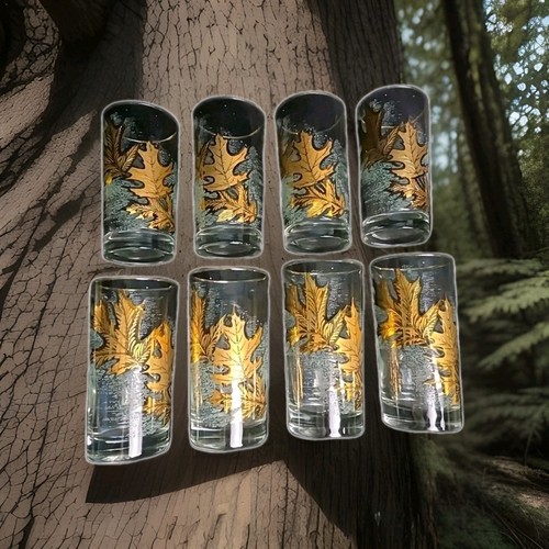 Libbey Crystal  Barware MCM Highball Glasses Gold Embossed Leaves Set of 8 Vtg