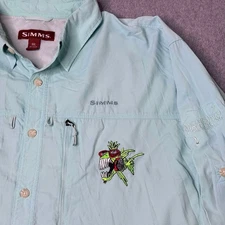 Simms 3XDry Vented Fly Fishing Shirt Embroidered Fish Blue Button Size XXL Beach